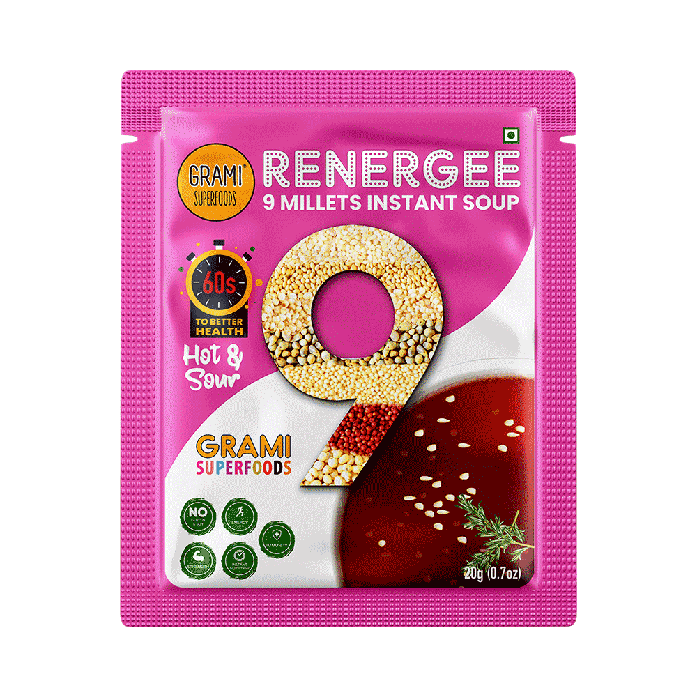 Grami Superfoods Renergee 9 Millets Instant Gluten Free Soup Sachet (20gm Each) Hot & Sour - Image 5