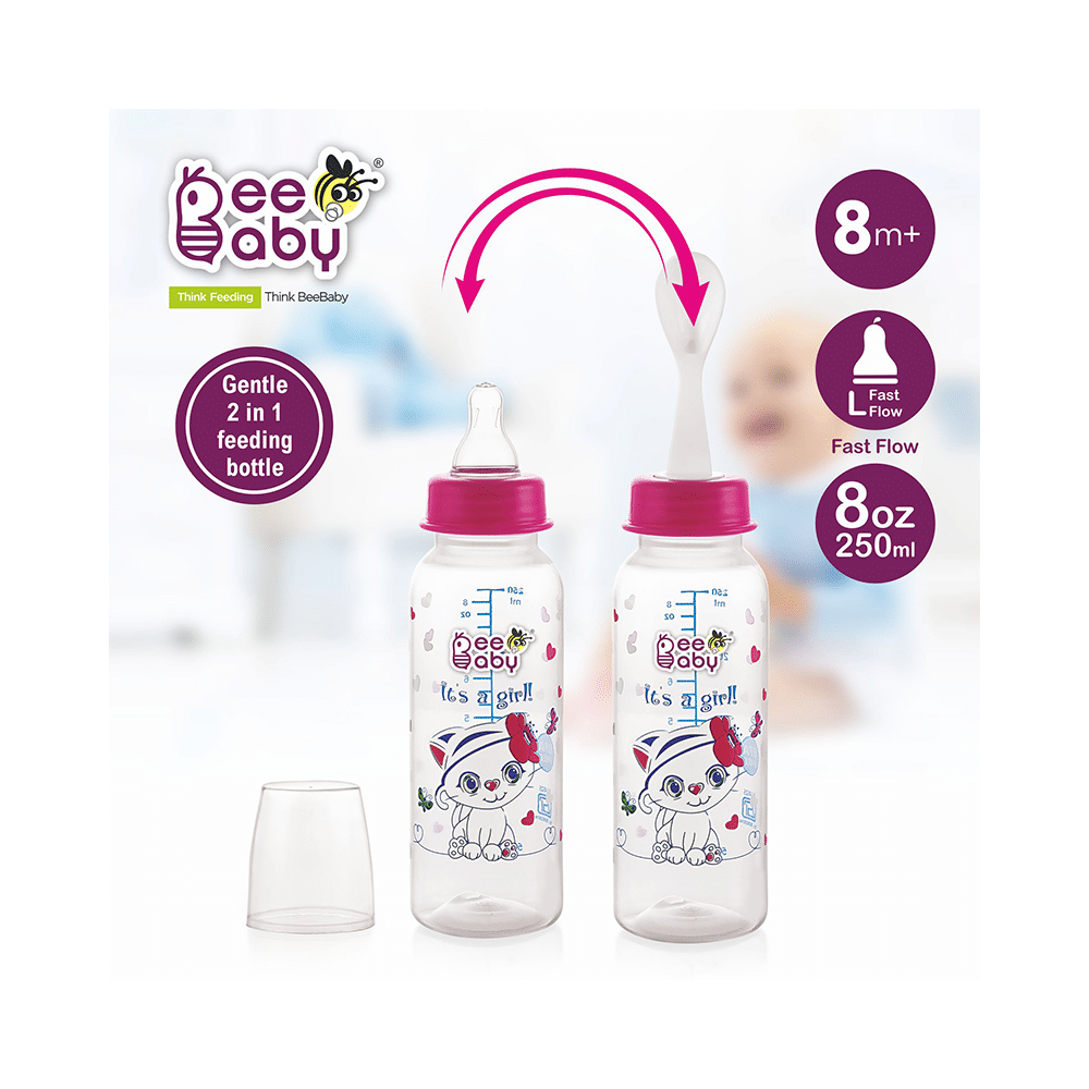BeeBaby Gentle 2 in 1 Slim Neck Baby Feeding Bottle with Anti-Colic Silicone Nipple & Feeder Spoon, 8 Months+ Pink - Image 2