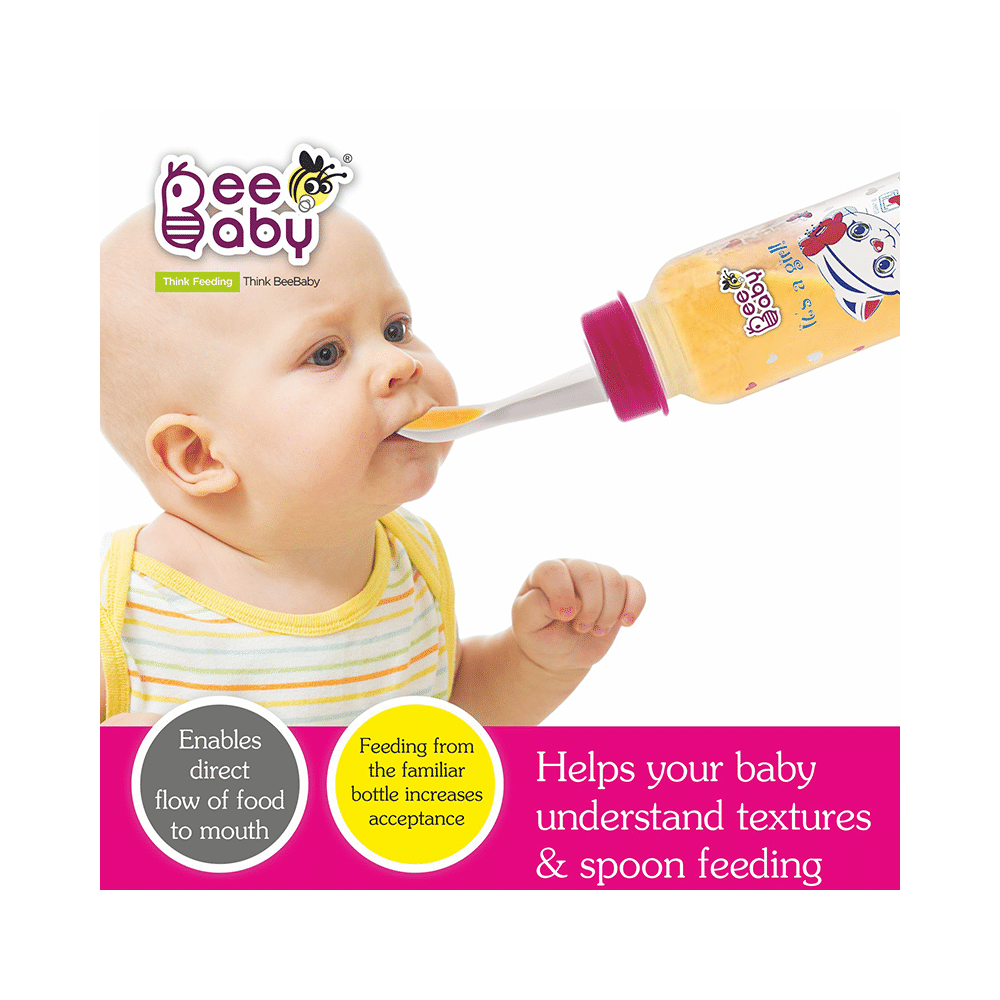 BeeBaby Gentle 2 in 1 Slim Neck Baby Feeding Bottle with Anti-Colic Silicone Nipple & Feeder Spoon, 8 Months+ Pink - Image 6