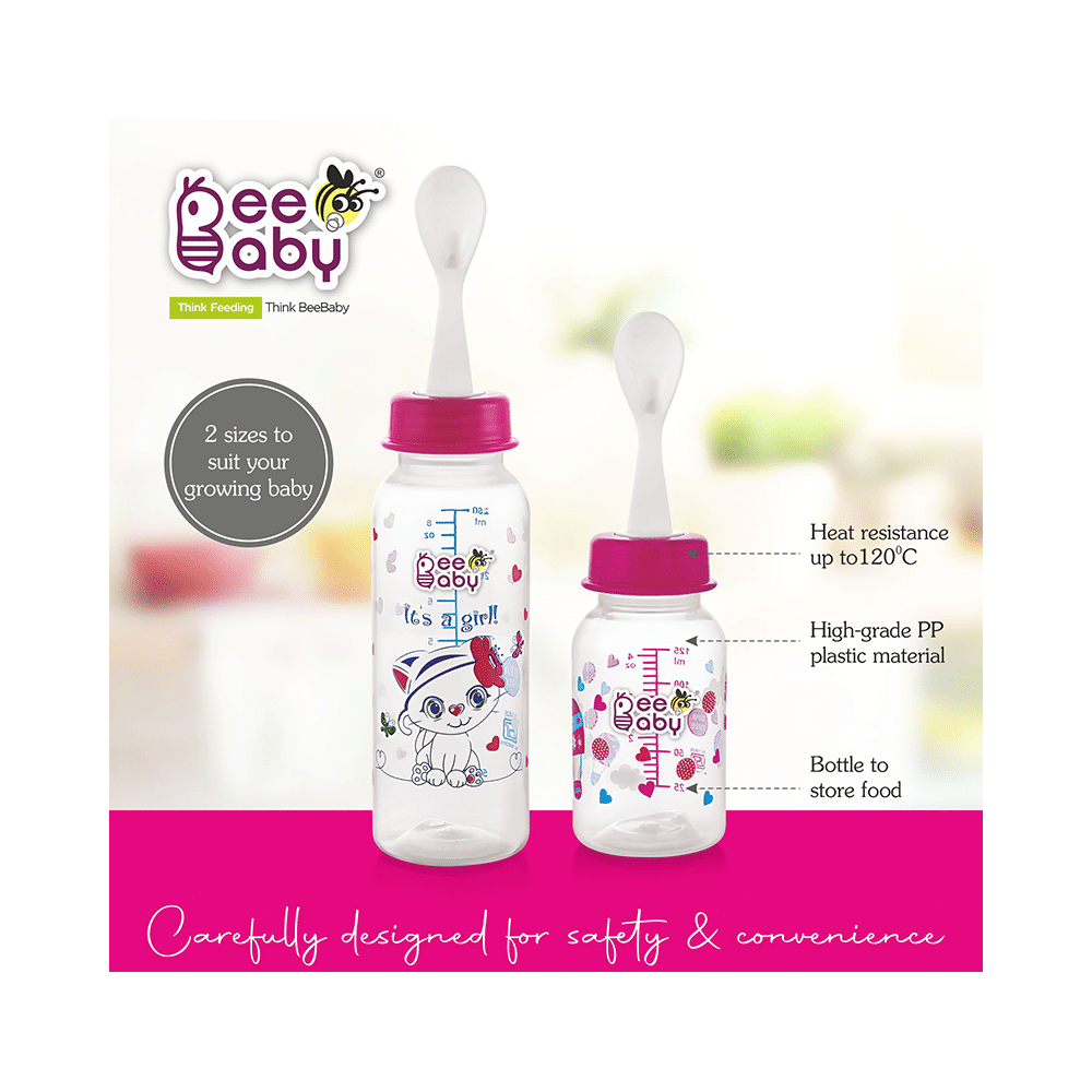BeeBaby Gentle 2 in 1 Slim Neck Baby Feeding Bottle with Anti-Colic Silicone Nipple & Feeder Spoon, 8 Months+ Pink - Image 4