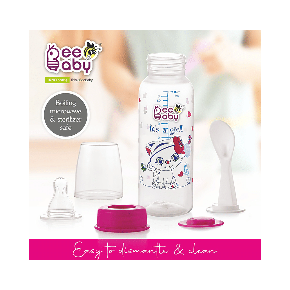BeeBaby Gentle 2 in 1 Slim Neck Baby Feeding Bottle with Anti-Colic Silicone Nipple & Feeder Spoon, 8 Months+ Pink - Image 5