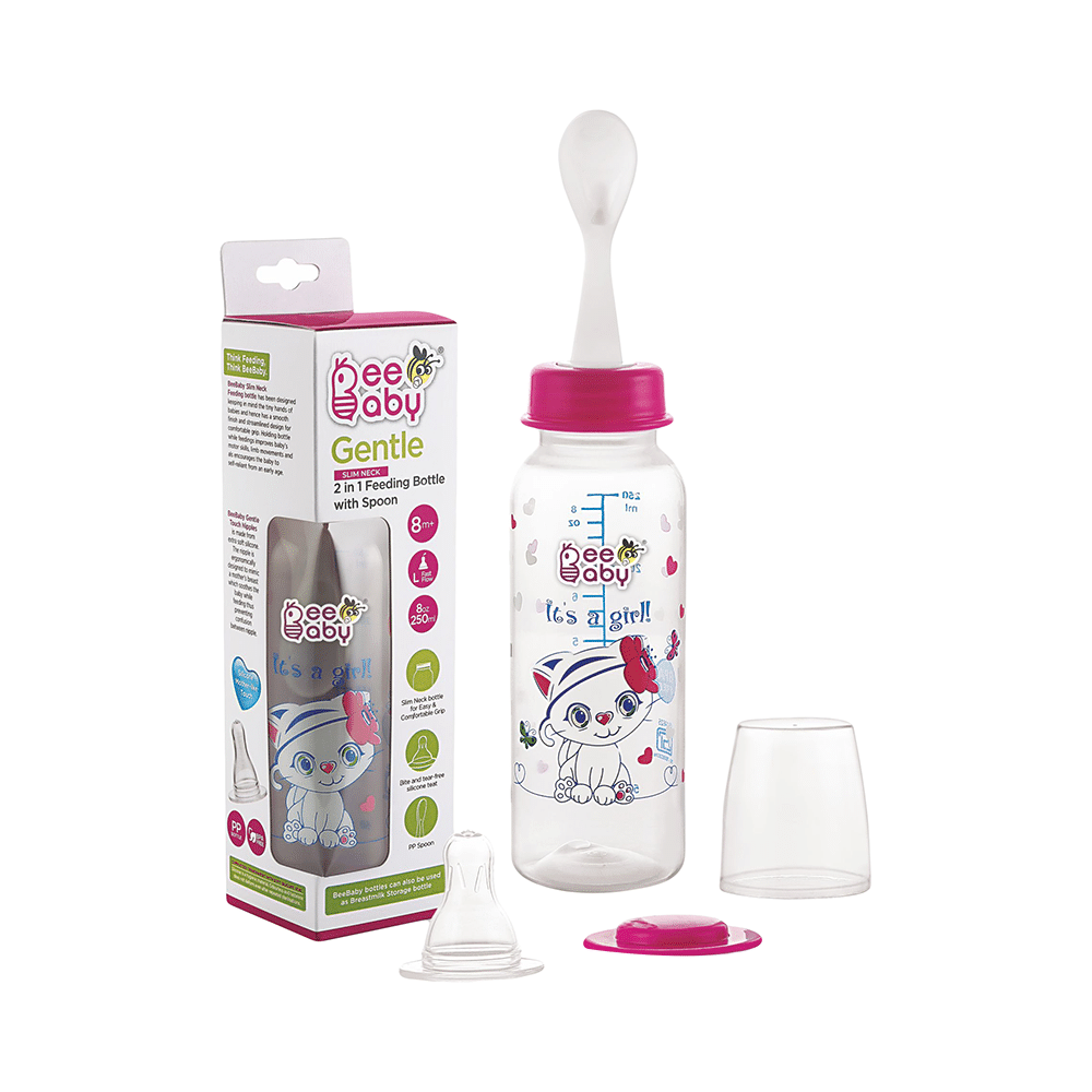 BeeBaby Gentle 2 in 1 Slim Neck Baby Feeding Bottle with Anti-Colic Silicone Nipple & Feeder Spoon, 8 Months+ Pink