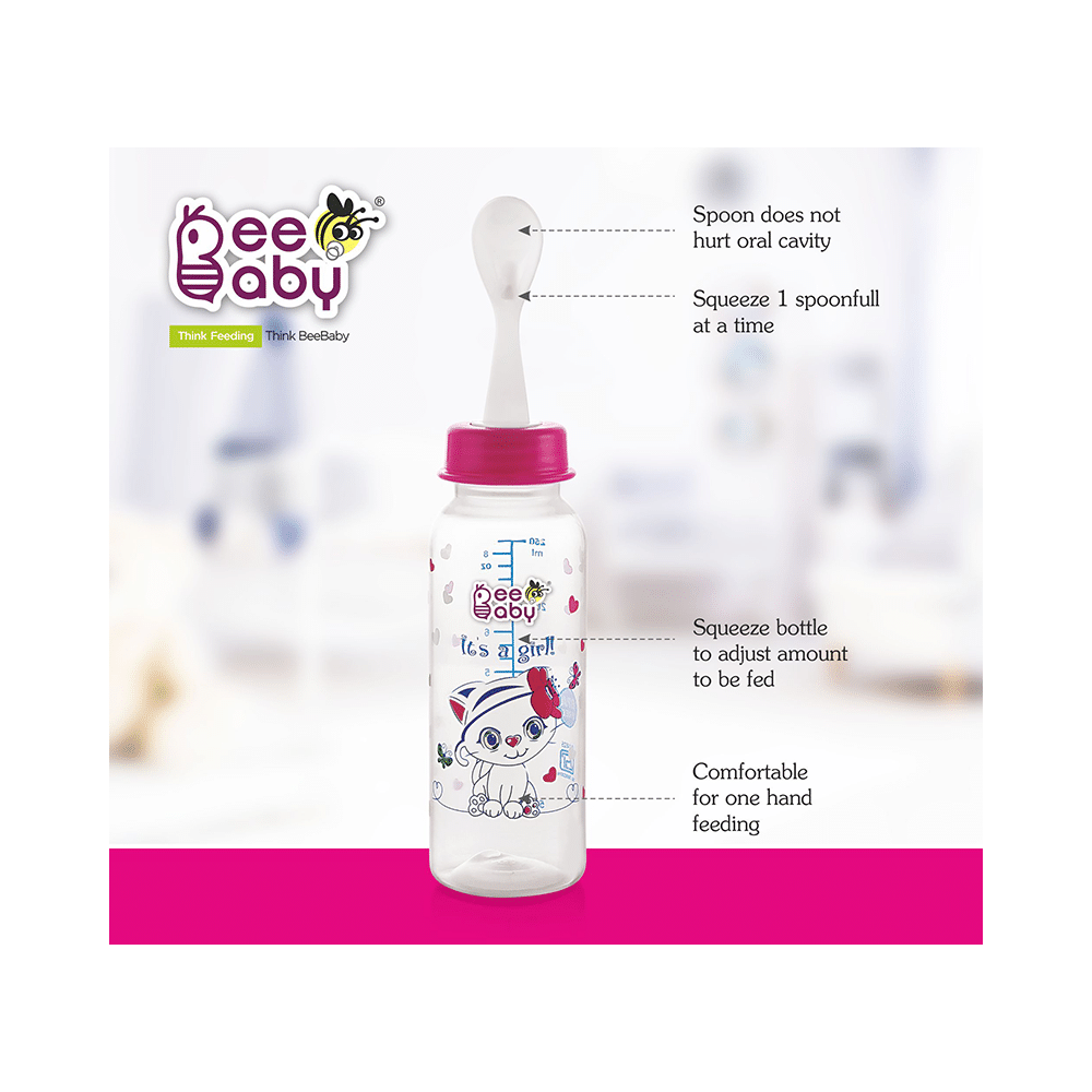 BeeBaby Gentle 2 in 1 Slim Neck Baby Feeding Bottle with Anti-Colic Silicone Nipple & Feeder Spoon, 8 Months+ Pink - Image 3