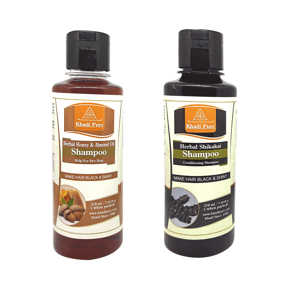 Khadi Pure Combo Pack of Honey & Almond Oil Shampoo & Herbal Shikakai Shampoo (210ml Each) - Image 1