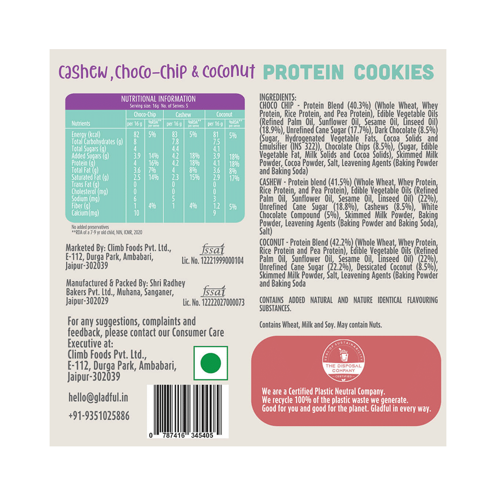 Gladful Protein Cookies (10 Each) Choco-Chip + Cashew + Coconut - Image 3