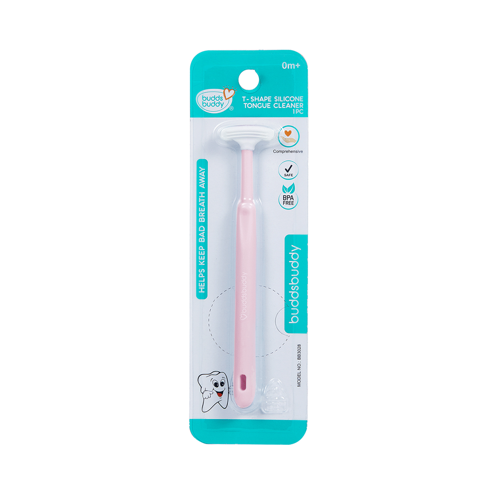Buddsbuddy BPA Free T-Shape Kids Tongue Cleaner With Non Slip Thumb Grip Pink - Image 1