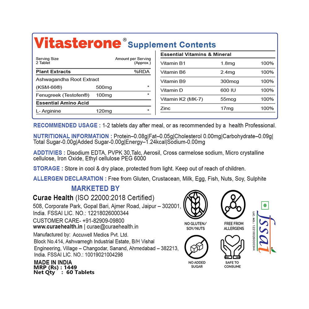 Curae Health & Lifestyle Vitasterone Ultra Testosterone Booster Tablet - Image 6