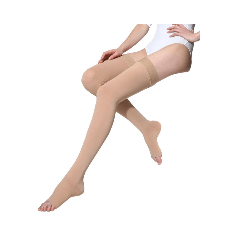Medtex Class 1 Thigh Length Imported Medical Cotton Compression Stocking for Varicose Veins Beige XL - Image 1
