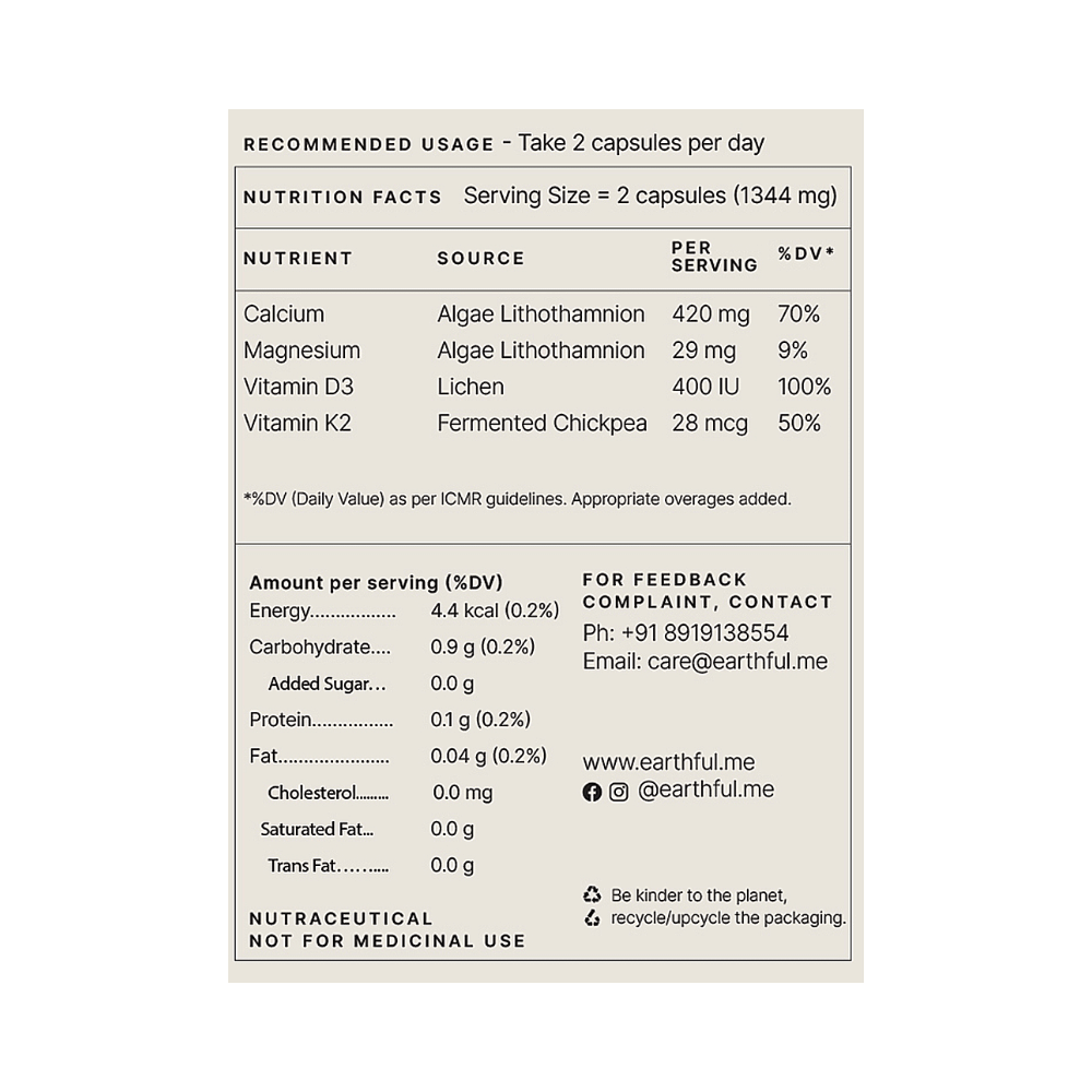 Earthful Healthy Bones Calcium + D3 + K2 Plant Capsule - Image 3
