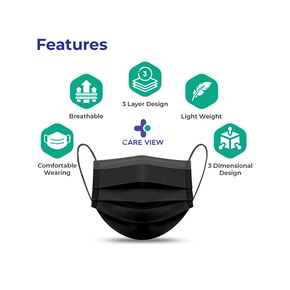 Care View CV2992 Sitra Approved 3 Ply Colored Disposable Surgical Mask with Built in Metal Nose Pin and 1 Melt Blown Layer (50 Each) Black - Image 3