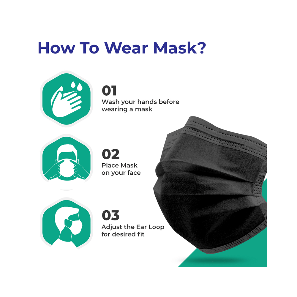 Care View CV2992 Sitra Approved 3 Ply Colored Disposable Surgical Mask with Built in Metal Nose Pin and 1 Melt Blown Layer (50 Each) Black - Image 5