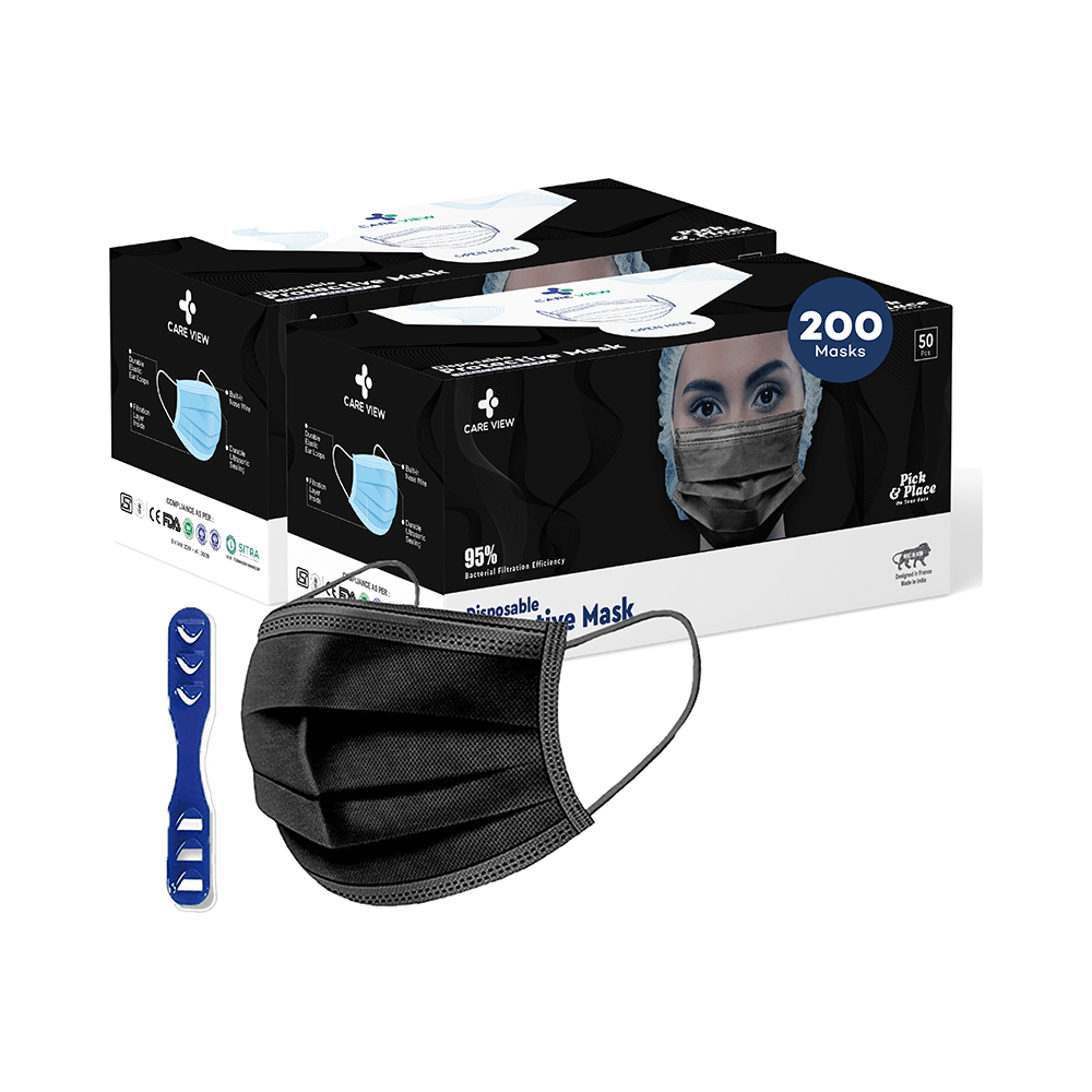 Care View CV2992 Sitra Approved 3 Ply Colored Disposable Surgical Mask with Built in Metal Nose Pin and 1 Melt Blown Layer (50 Each) Black - Image 1