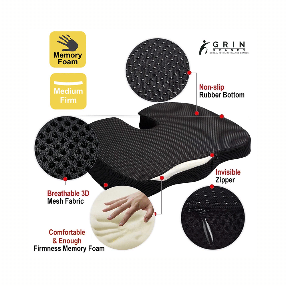 Grin Health Orthopedic Memory Foam Seat Cushion Sciatica, Coccyx, Tailbone & Back Pain Relief Black - Image 3