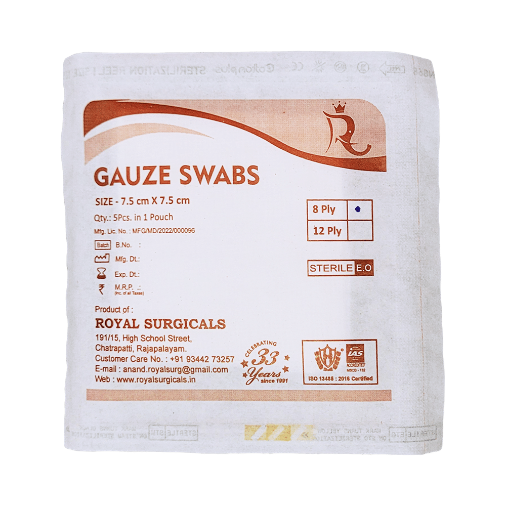 Royal Surgicals Gauze Swabs Sterile (5 Each) 7.5cm x 7.5cm x 8ply - Image 1