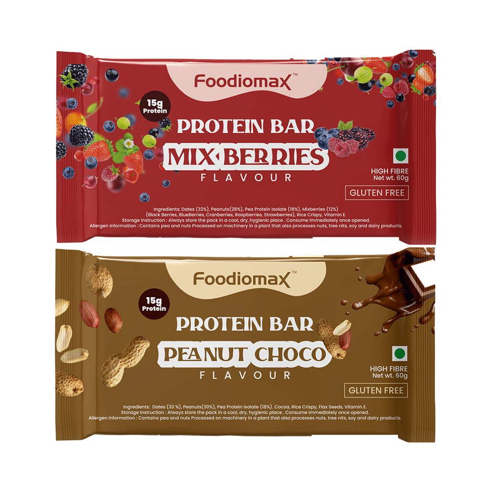 Foodiomax Protien Bar (60gm Each) 2 Mix Berries & 2 Peanut Choco - Image 1