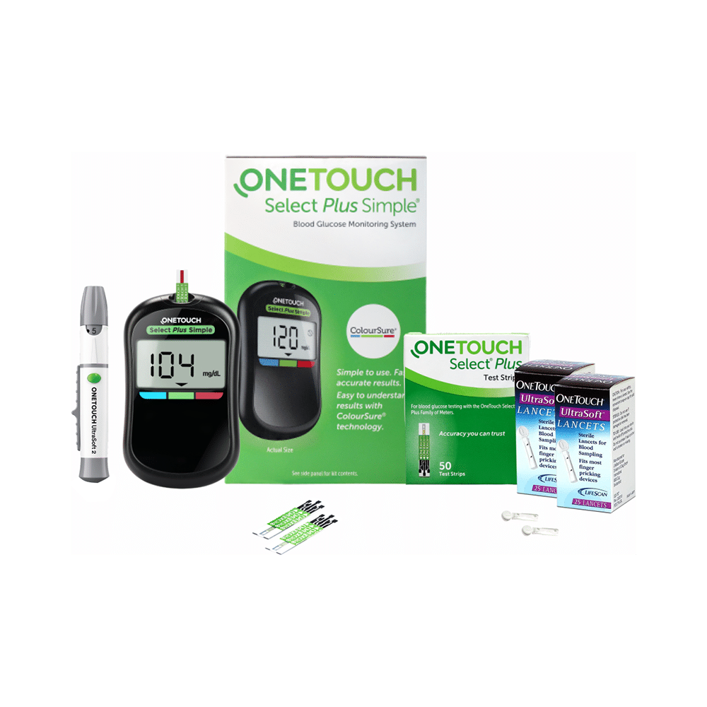 Combo Pack of OneTouch Select Plus Simple Glucometer with 10 Free Strips Black, OneTouch Select Plus Test Strip (50) & 2 Boxes of OneTouch Ultrasoft Lancets (25 Each) - Image 1