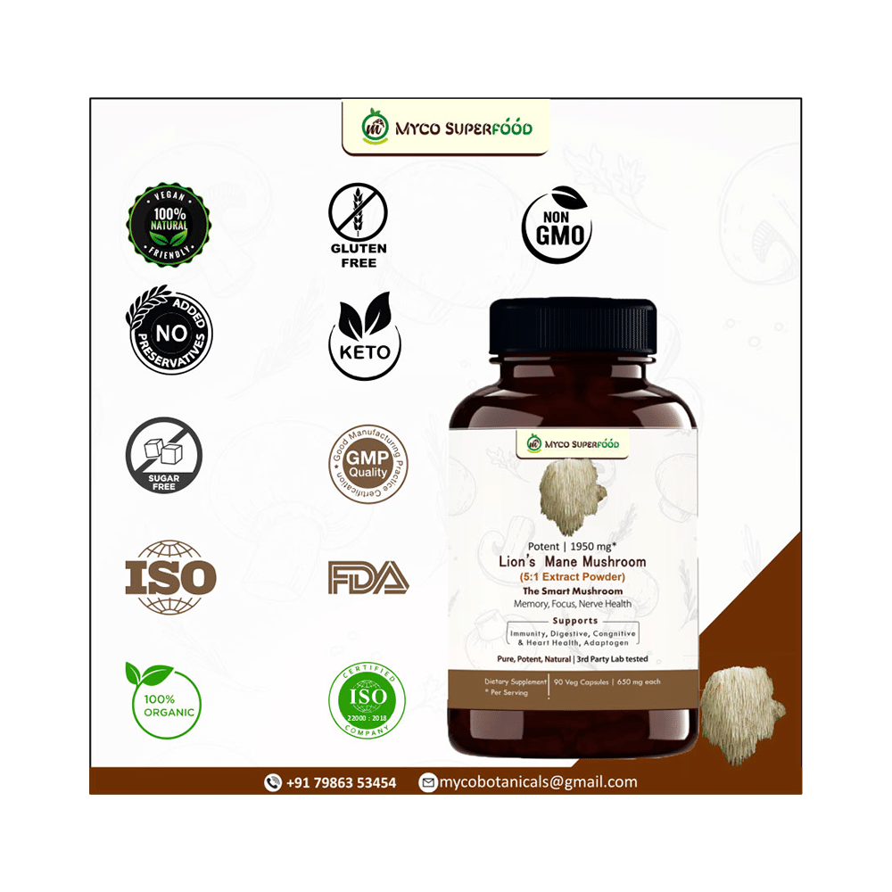 Myco Superfood Lion's Mane Mushroom 650mg Veg Capsule - Image 5