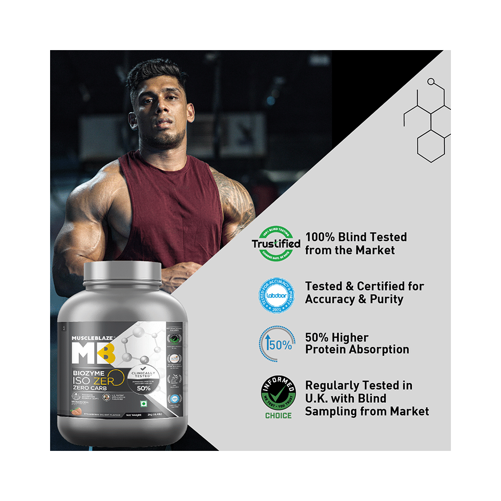 MuscleBlaze Strawberry Flavour | Iso-Zero Isolate for Muscle Gain | With Zero Carbs | Improves Protein Absorption by 50% - Image 5