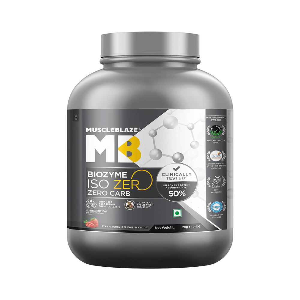 MuscleBlaze Strawberry Flavour | Iso-Zero Isolate for Muscle Gain | With Zero Carbs | Improves Protein Absorption by 50%