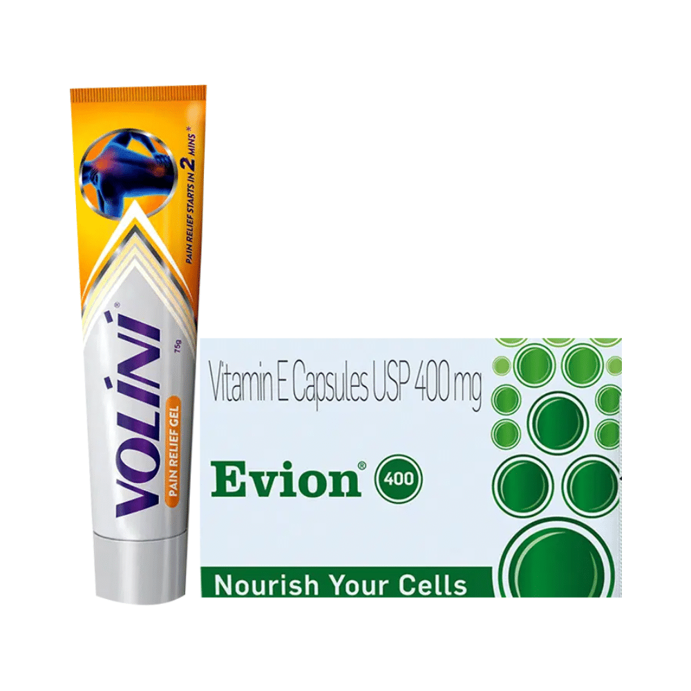 Combo Pack of Volini Pain Relief Gel for Muscle, Joint & Knee Pain (75gm) & Evion 400mg Capsule