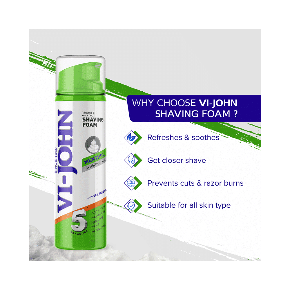 Vi-John Combo Pack of Vitamin E Enriched 5 Way Action Shaving Foam (200ml) & Platinum Plated Master Stroke Razor (5) Menthol Sensitive Skin - Image 9