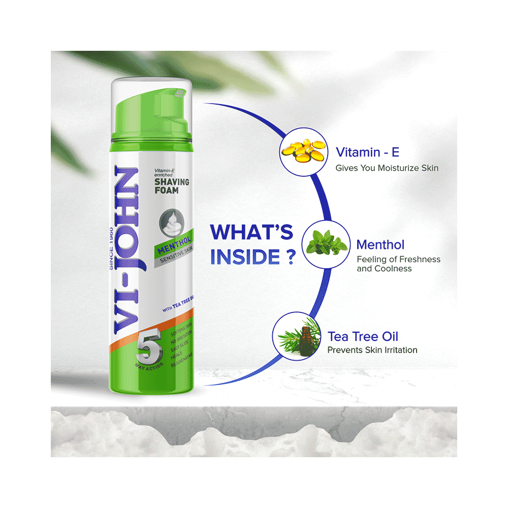 Vi-John Combo Pack of Vitamin E Enriched 5 Way Action Shaving Foam (200ml) & Platinum Plated Master Stroke Razor (5) Menthol Sensitive Skin - Image 5
