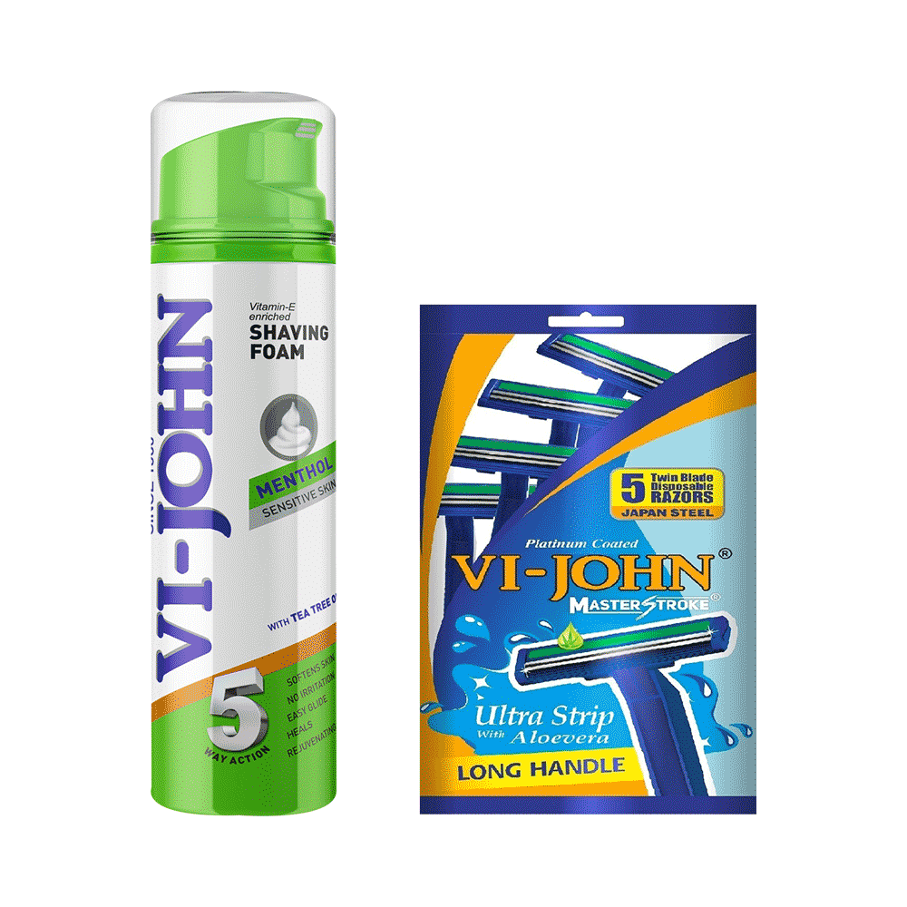 Vi-John Combo Pack of Vitamin E Enriched 5 Way Action Shaving Foam (200ml) & Platinum Plated Master Stroke Razor (5) Menthol Sensitive Skin - Image 1