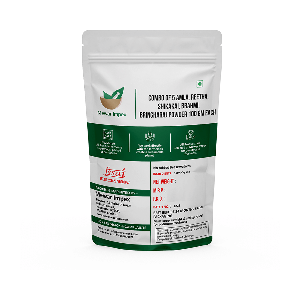 Mewar Impex Combo of 5 Shikakai, Amla, Reetha, Bhringraj & Brahmi Powder (100gm Each) - Image 2