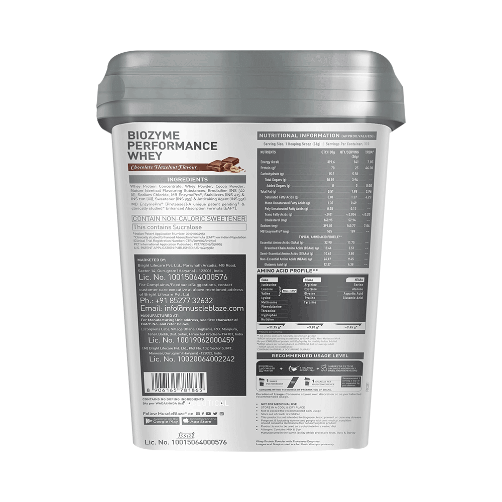 MuscleBlaze MuscleBlaze Biozyme Performance Whey Protein | For Muscle Gain | Improves Protein Absorption | Nutrition Care Chocolate Hazelnut - Image 2