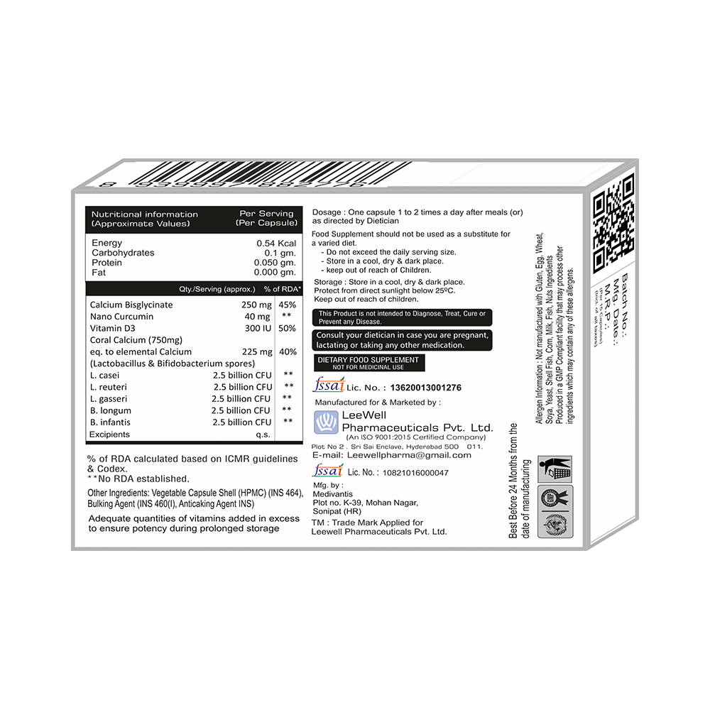 LeeWell B4 Bone +Plus Capsule with Chelated bisglycinate Calcium + Vitamin D3, Probiotics, Nano Curcumin for Joint Support, Bones, Gut Health - Image 2