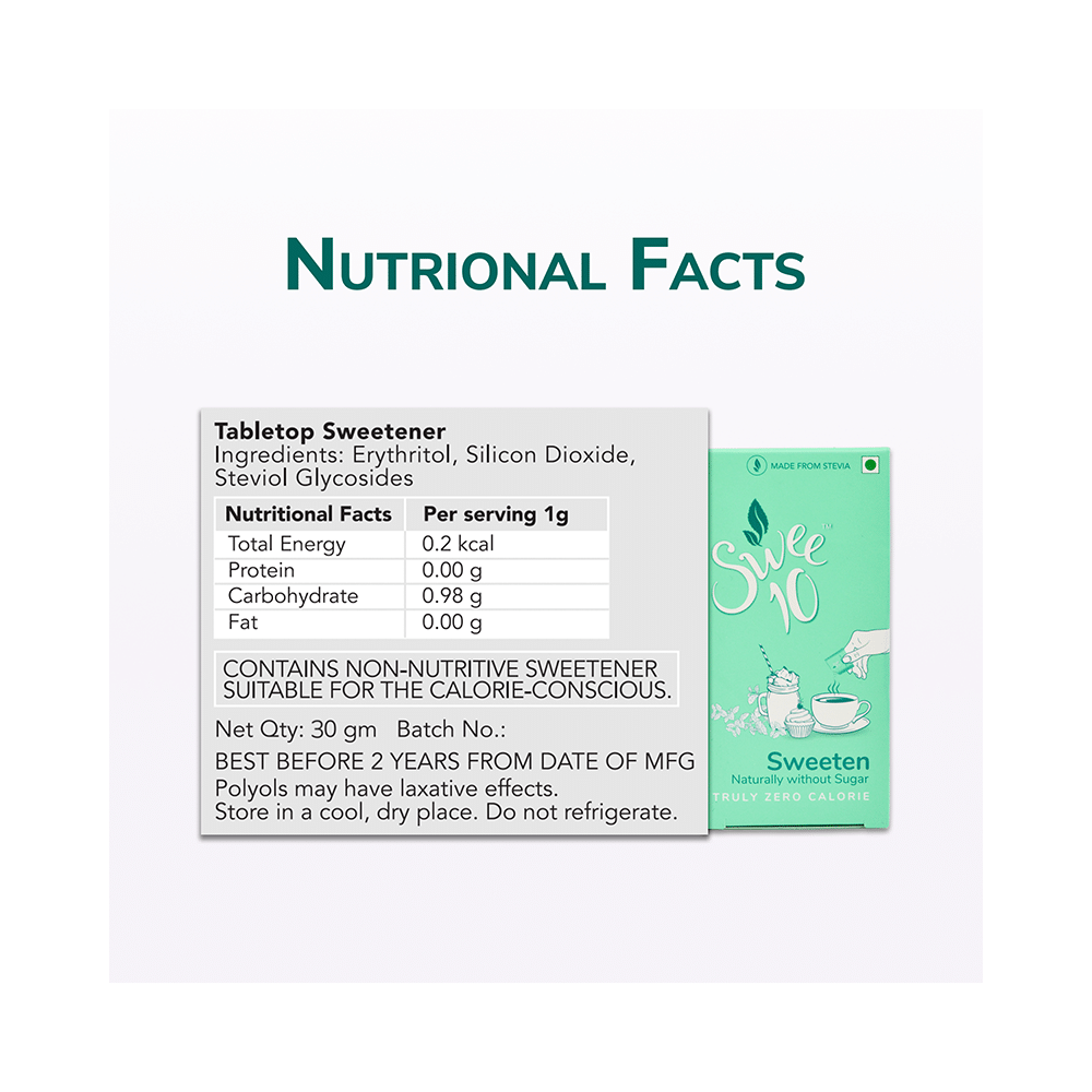 Swee10 Natural Stevia Sweetener Powder | Sugar Free | Zero Calorie Sugar Substitute 30 Sachet (1gm Each) - Image 4