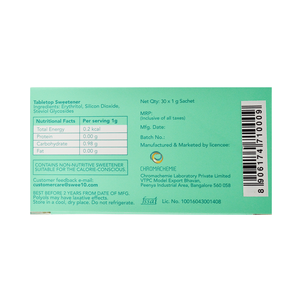 Swee10 Natural Stevia Sweetener Powder | Sugar Free | Zero Calorie Sugar Substitute 30 Sachet (1gm Each) - Image 2