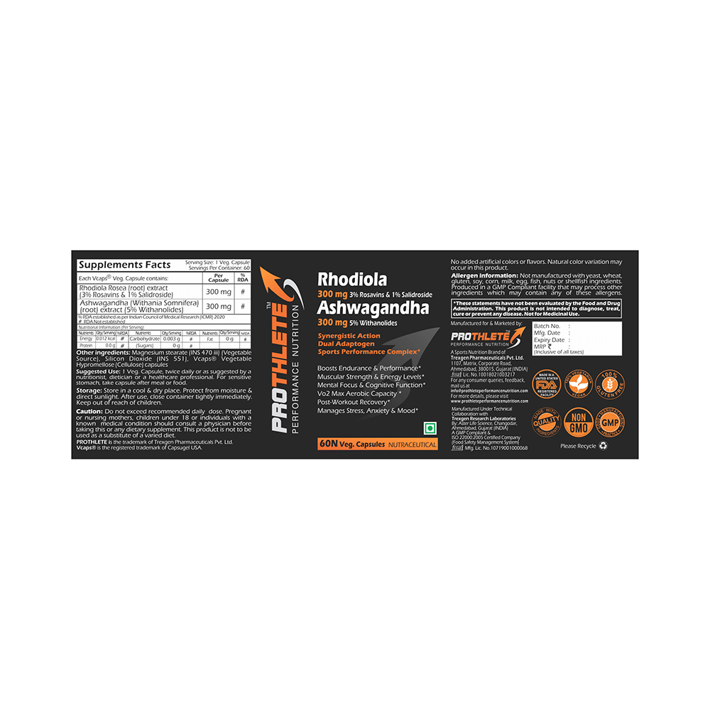 Prothlete Rhodiola 300mg 3% Rosavins & 1% Salidroside Ashwagandha 300mg 5% Withanolides Veg Capsule - Image 2