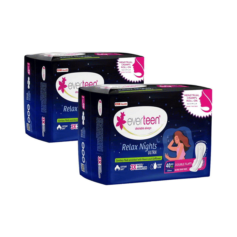 Everteen Relax Nights Ultra Sanitary Pads XXL (40 Each) with Menstrual Cramps Roll-On Inside - Image 1