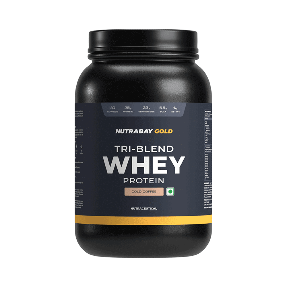 Nutrabay Gold Tri-Blend Whey Protein for Muscle Recovery & Immunity | No Added Sugar | Flavour Powder Cold Coffee - Image 1