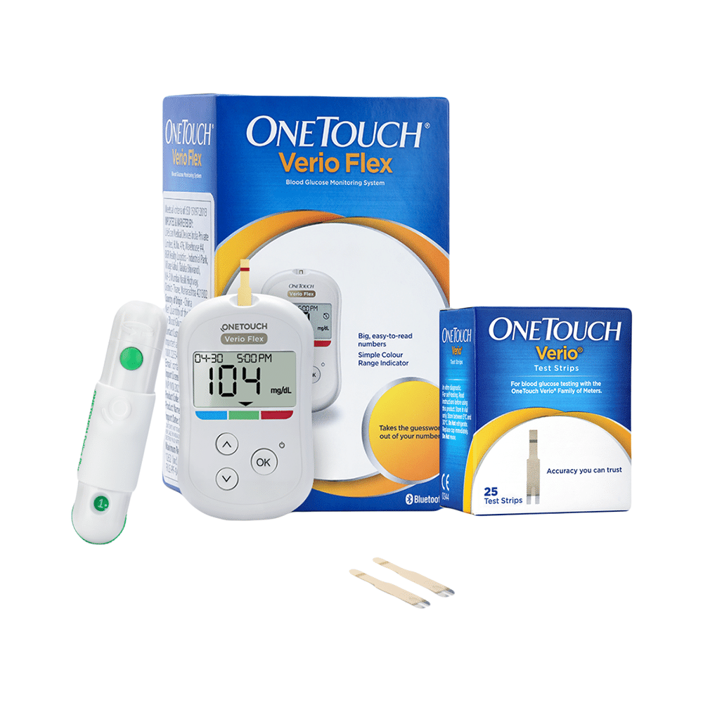 OneTouch Combo Pack of Verio Flex Glucometer (Box of 10 Test strips Free) & Verio Test Strip