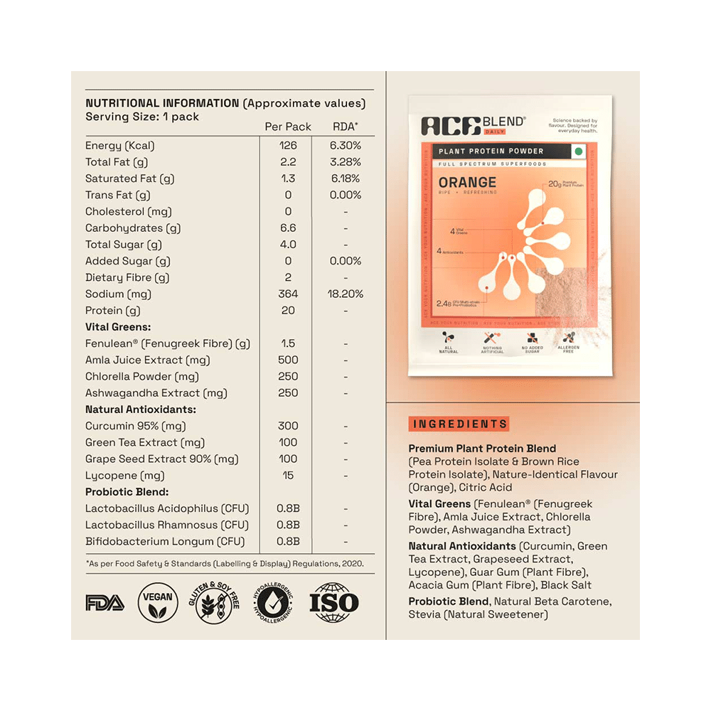 Ace Blend Daily 20g Vegan Plant Protein Powder & Superfoods Orange - Image 2