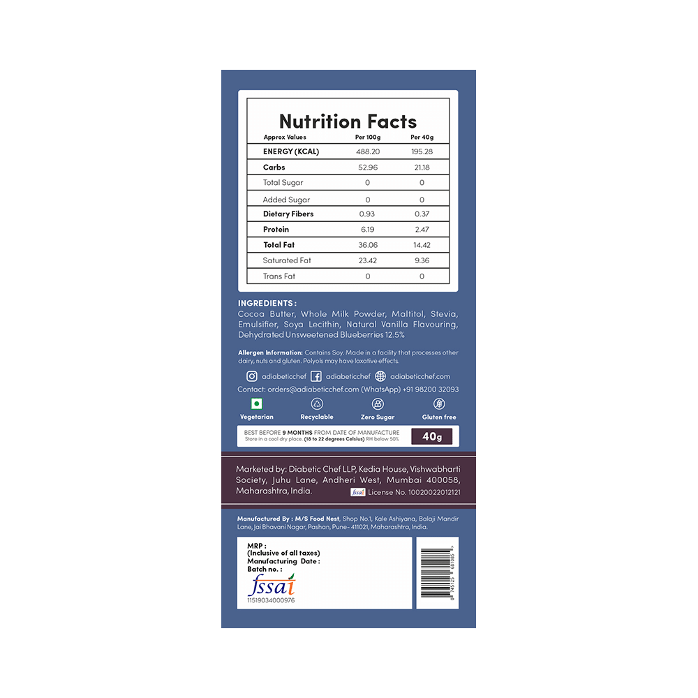 A Diabetic Chef Blueberry Belgian White Chocolate (40gm Each) - Image 2