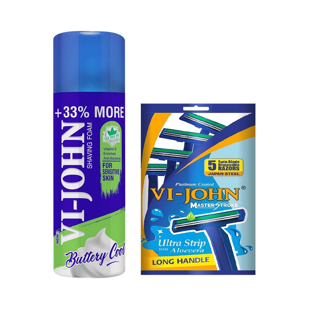 Vi-John Combo Pack of Buttery Cool Tea Tree Oil Shaving Foam (400gm) & Platinum Plated Master Stroke Razor (5) for Sensitive Skin