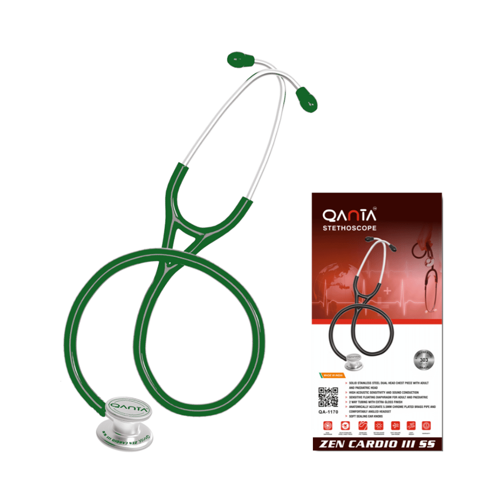 Qanta QA-1170 Zen Cardio III SS Cardiology Stethoscope, SS & Dual Head Chest Piece Green - Image 1