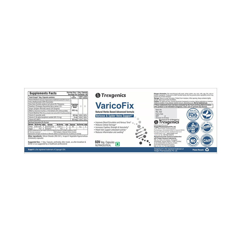Trexgenics VaricoFix Advanced Formula Varicose Veins & Spider Veins Support Veg Capsule - Image 2