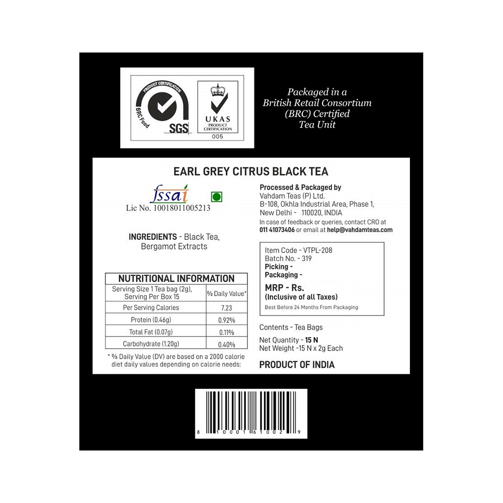 Vahdam Earl Grey Citrus Teas Black Tea (2gm Each) - Image 2