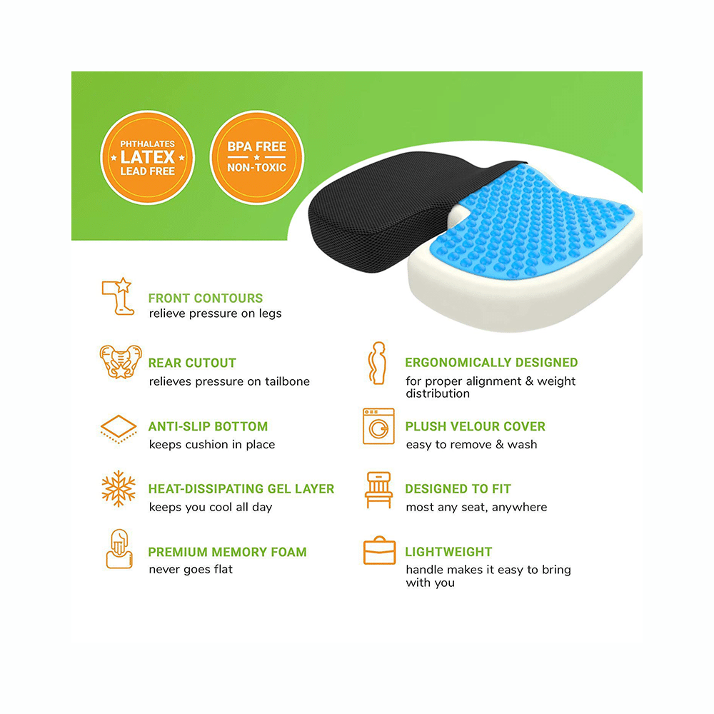Grin Health Gel Layer & Memory Foam Coccyx Seat Cushion for Sciatica, Tailbone and Back Pain Relief Black - Image 4