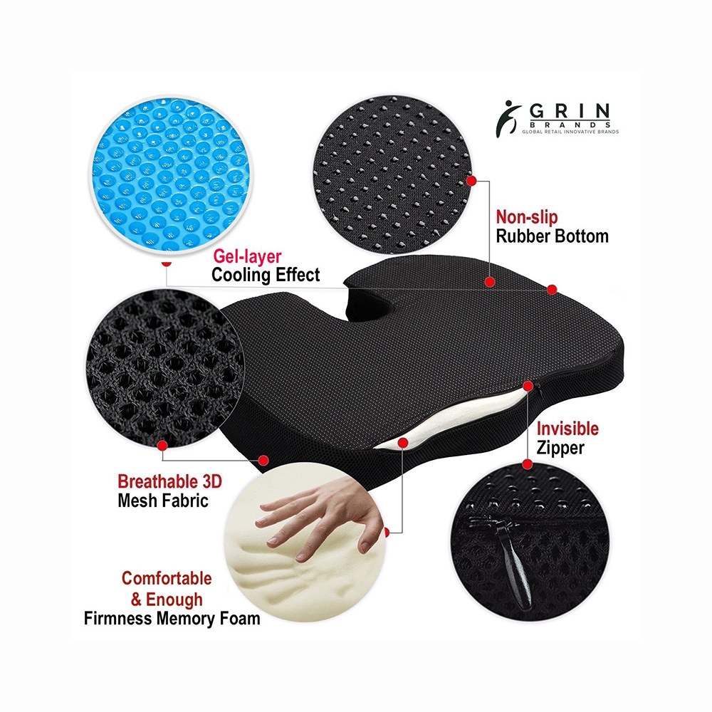Grin Health Gel Layer & Memory Foam Coccyx Seat Cushion for Sciatica, Tailbone and Back Pain Relief Black - Image 3