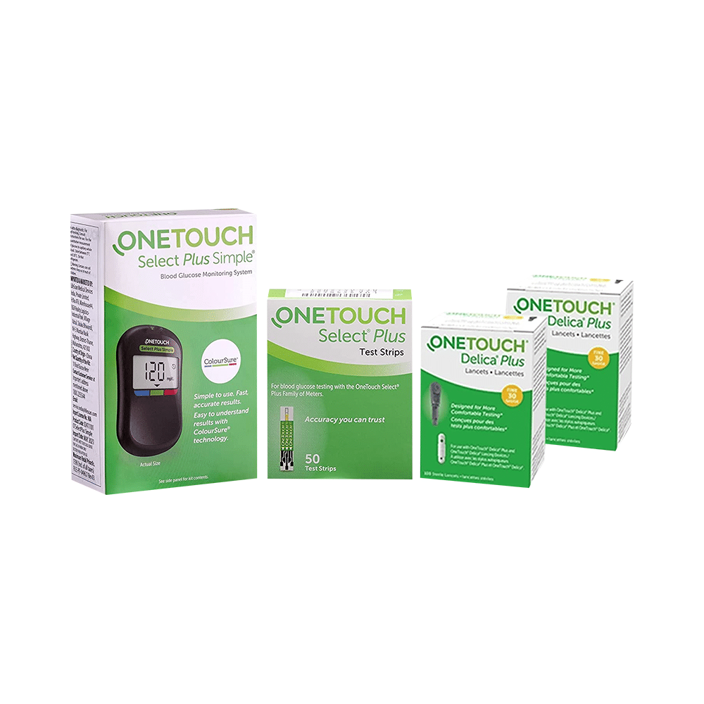 OneTouch Select Plus Simple Glucometer Value Pack (with 10 Test Strip Free) + 1 Pack of 50 Test Strip + 2 Pack of 25 Lancet