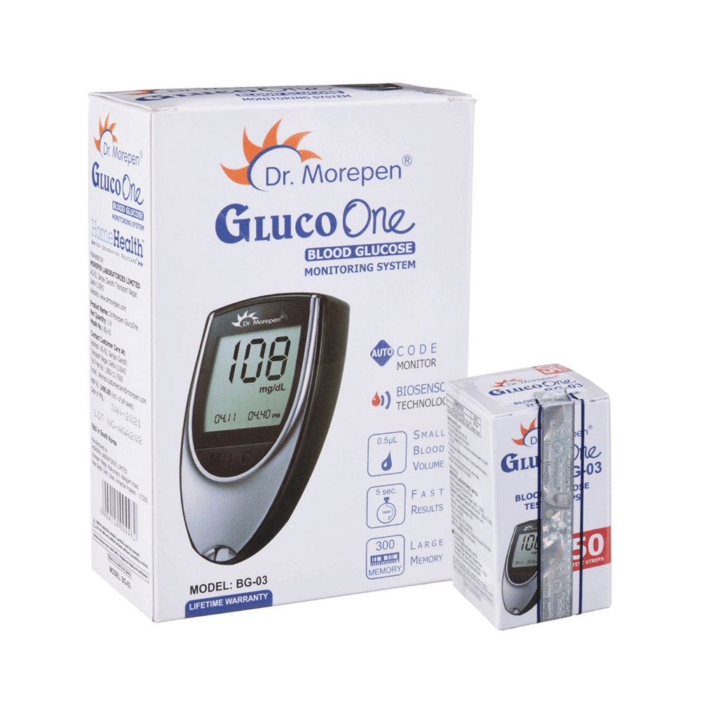 Dr Morepen Combo Pack of Gluco One BG 03 Blood Glucose Monitoring System with Gluco One BG 03 Blood Glucose 50 Test Strip - Image 1