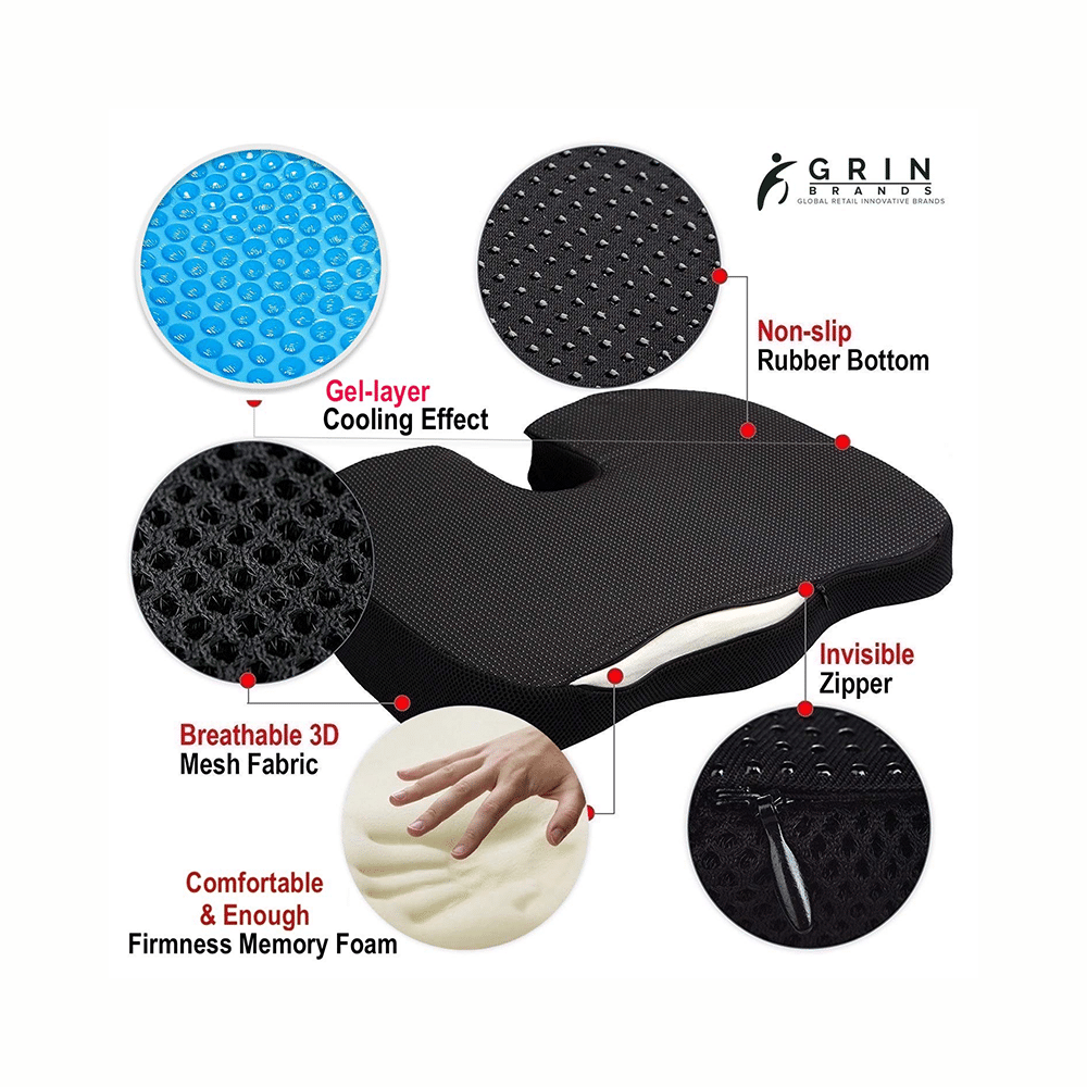 Grin Health Combo Pack of Comfort Memory Foam Coccyx Gel Seat Cushion with Lumbar Support Black - Image 4