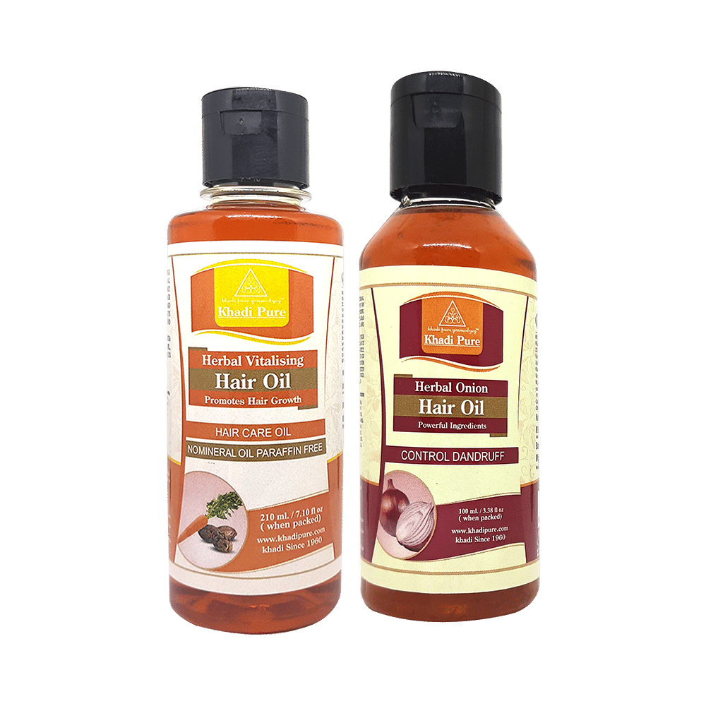 Khadi Pure Combo Pack of Herbal Onion Hair Oil  & Herbal Vitalising Hair Oil No Mineral Oil & Paraffin Free (210ml Each) - Image 1