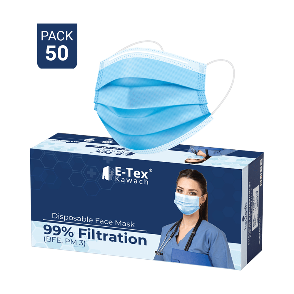 E-Tex Kawach 99% Filtration Disposable Face Mask Free Size Blue - Image 2