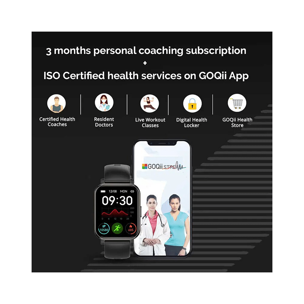 GOQii Stream Bluetooth Calling Smart Watch with 5 Lakh Health, 1 Lakh Life Insurance and 3 Months Free Health & Fitness Coaching Black - Image 8